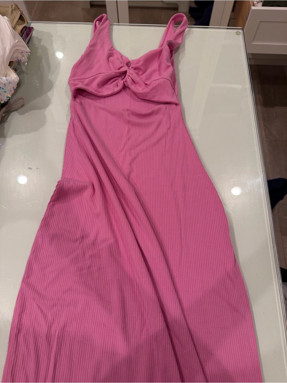 l*space Bright Pink Ribbed Twist-Front Midi Dress